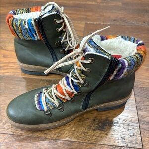 Rieker Green Lace Up Boots with Colorful Knit Trim size 8